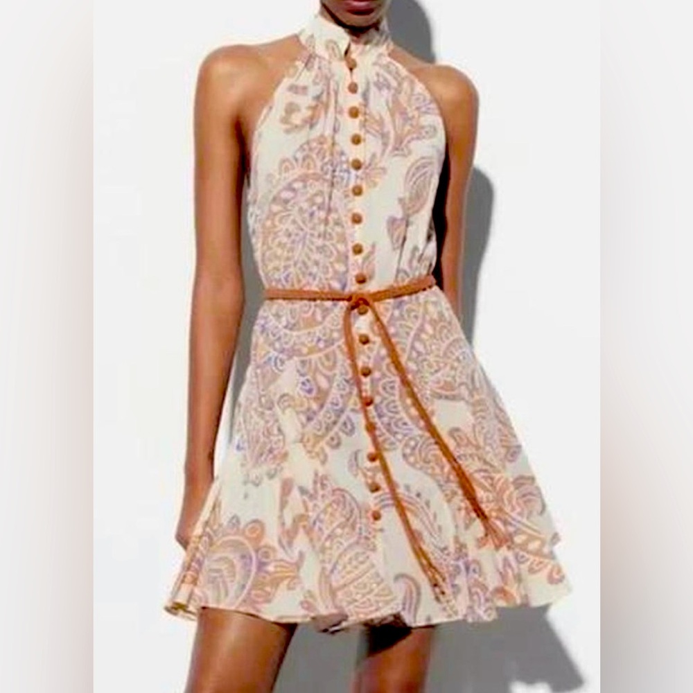 Zara Cream and Brown Paisley Mini Dress